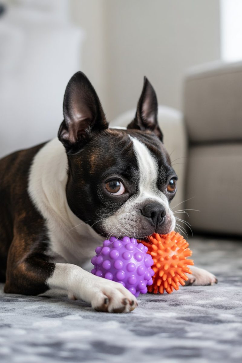 Boston Terrier dog lying on a gray textured carpet holding two toys in its mouth.