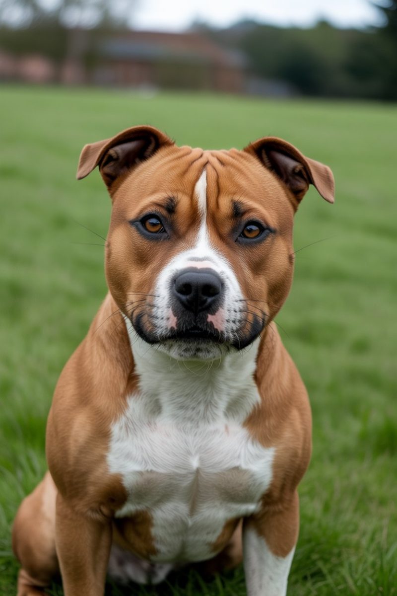  A Staffordshire Terrier dog sitting on a green grass field.