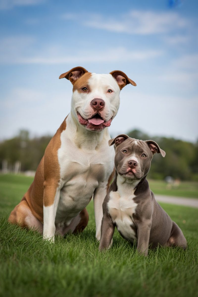 Two American Pit Bull Terriers sitting side by side on green grass against a blue sky with wispy white clouds.