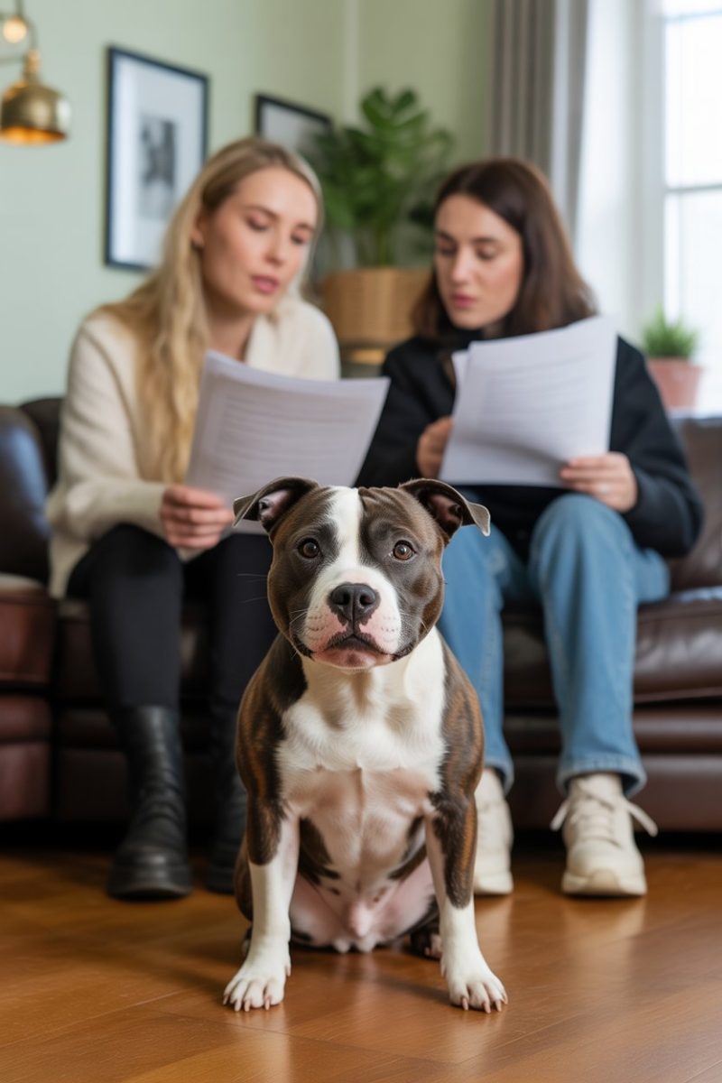 A Stafforshire Bull Terrier sitting attentively on a hardwood floor in the foreground with two women sitting on a dark brown leather couch.