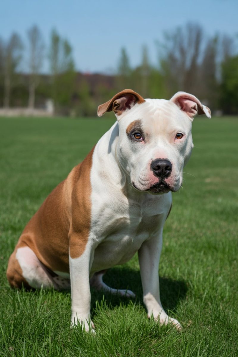 An American Pit Bull Terrier sitting on bright green grass in a park setting.