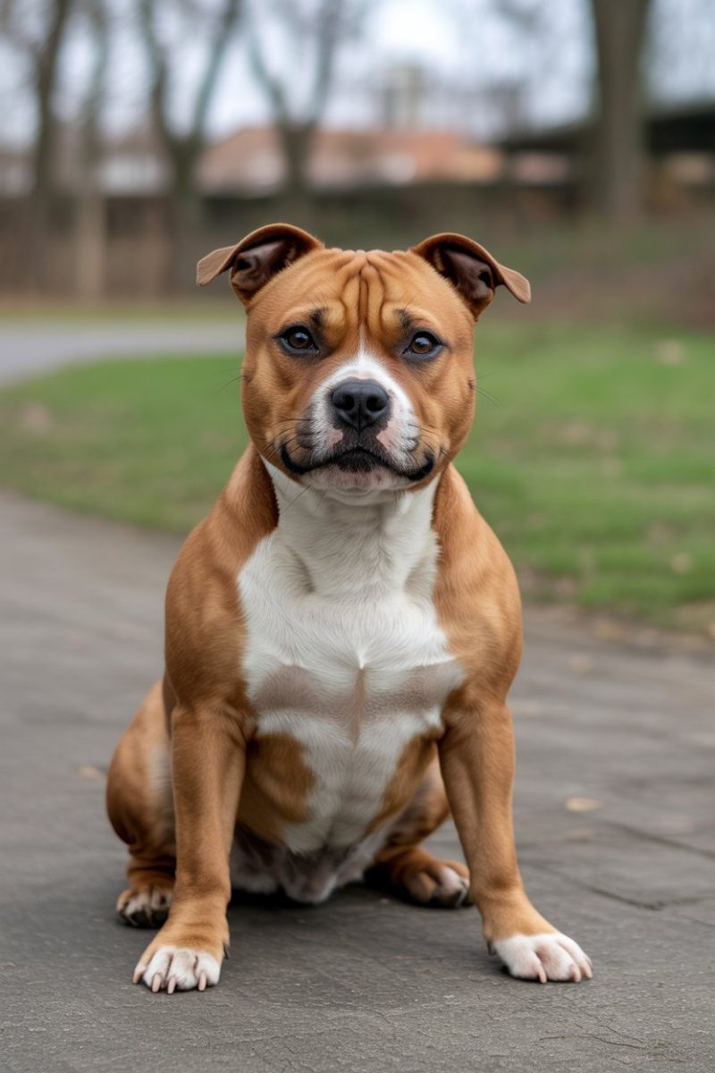 A Staffordshire Bull Terrier sitting on a concrete pathway.