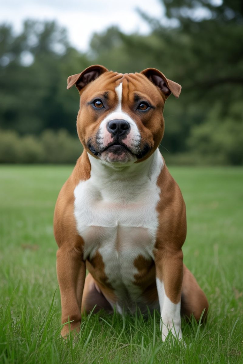 A Staffordshire Bull Terrier sitting in a grassy field.