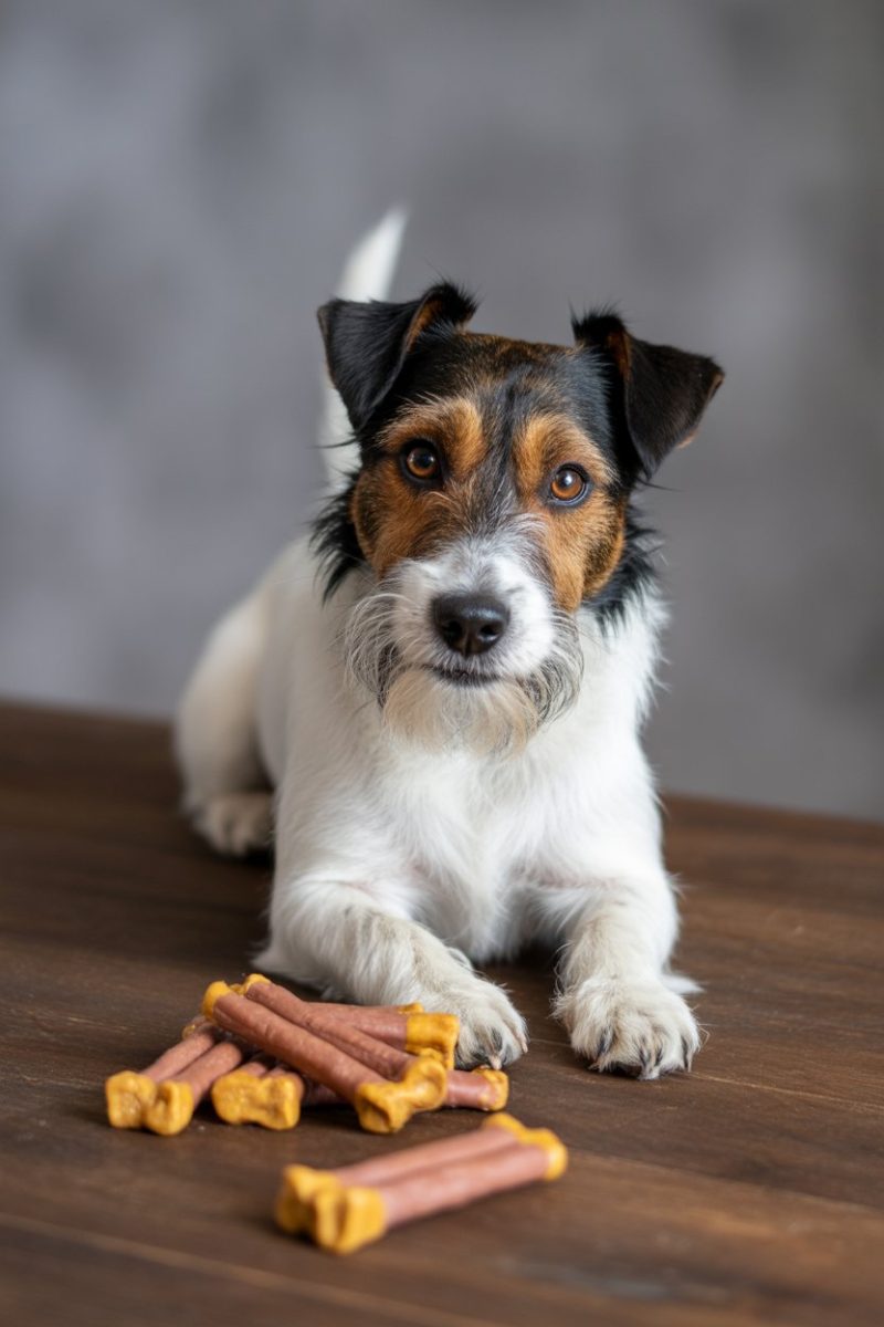 A Jack Russell Terrier dog lying on a dark wooden surface, in front of the dog are several bone-shaped dog treats - they are light brown in color with yellow-tipped ends.