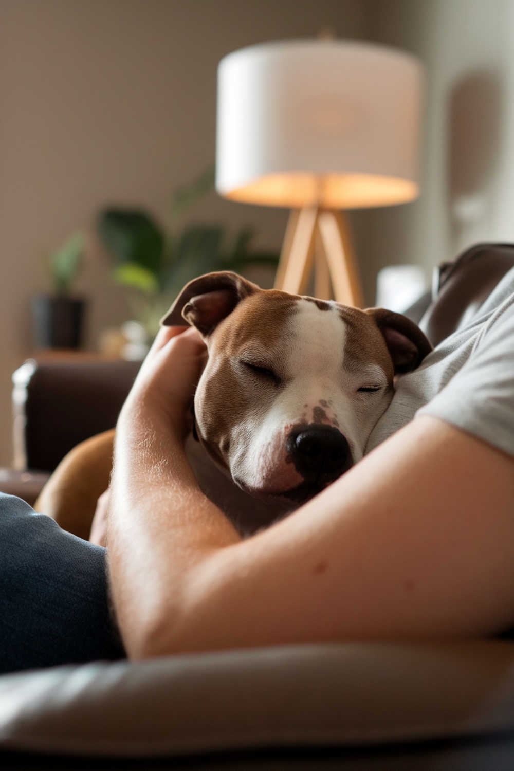A Staffordshire Bull Terrier resting comfortably in the arms of a person.