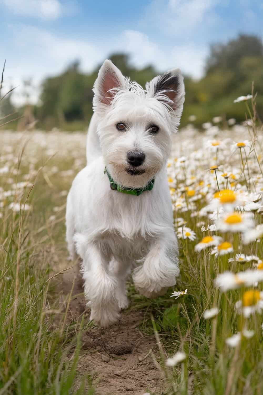 A West Highland White Terrier mix running through a field of flowers.