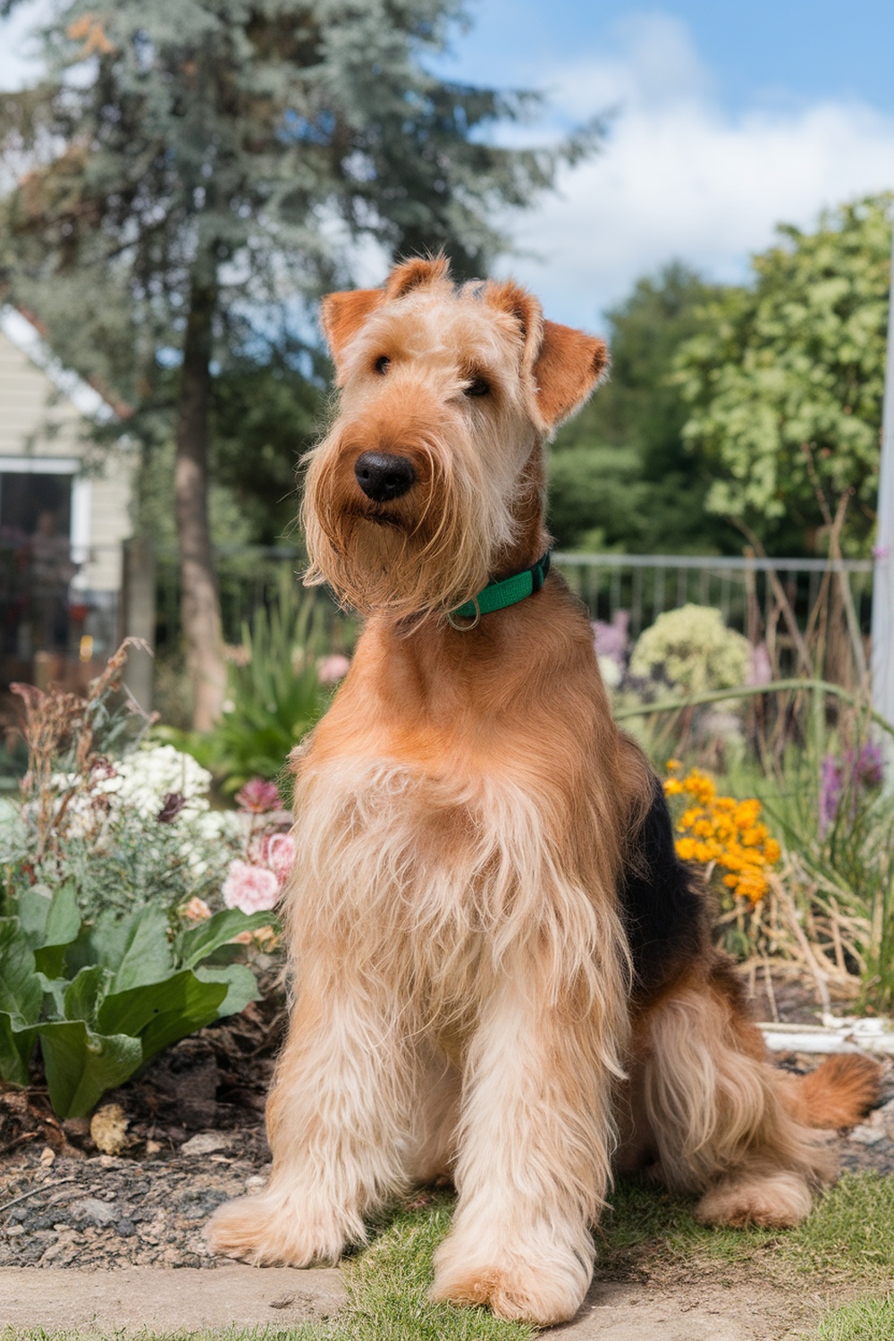 An Airedale Terrier with loose waves sitting in a garden