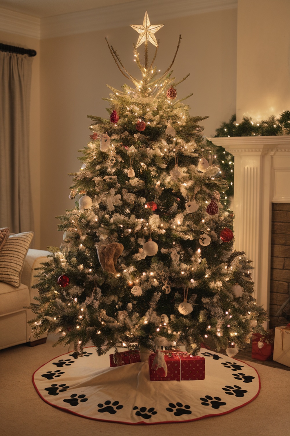 A Christmas tree with a paw print skirt, decorated with lights and ornaments.