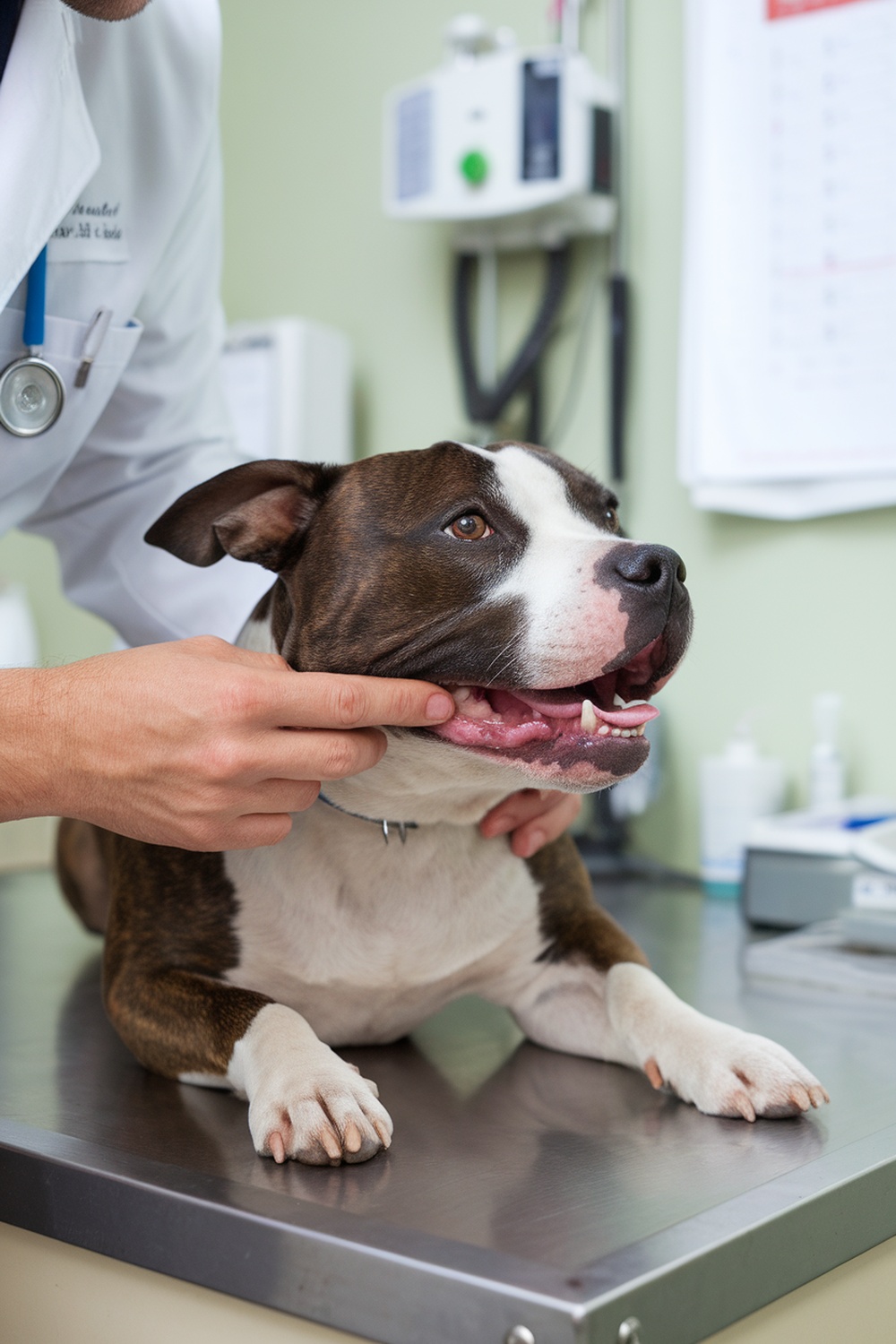 A Staffordshire Bull Terrier at a veterinary checkup.