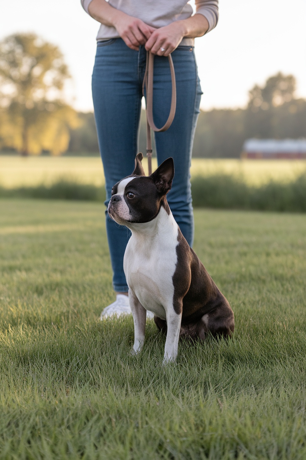 A Boston Terrier sitting on grass next to a person holding a leash.