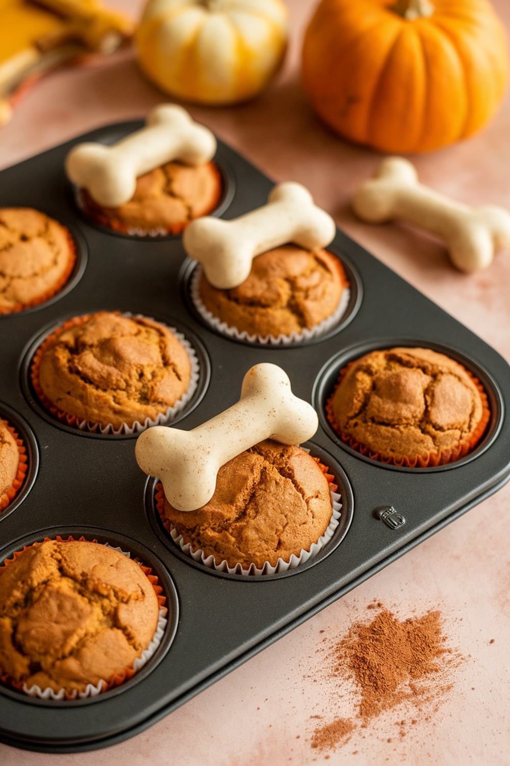 A tray of pumpkin spice dog muffins topped with bone-shaped treats.
