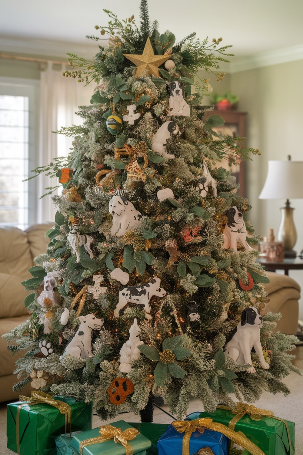 A beautifully decorated Christmas tree featuring various dog-themed ornaments.