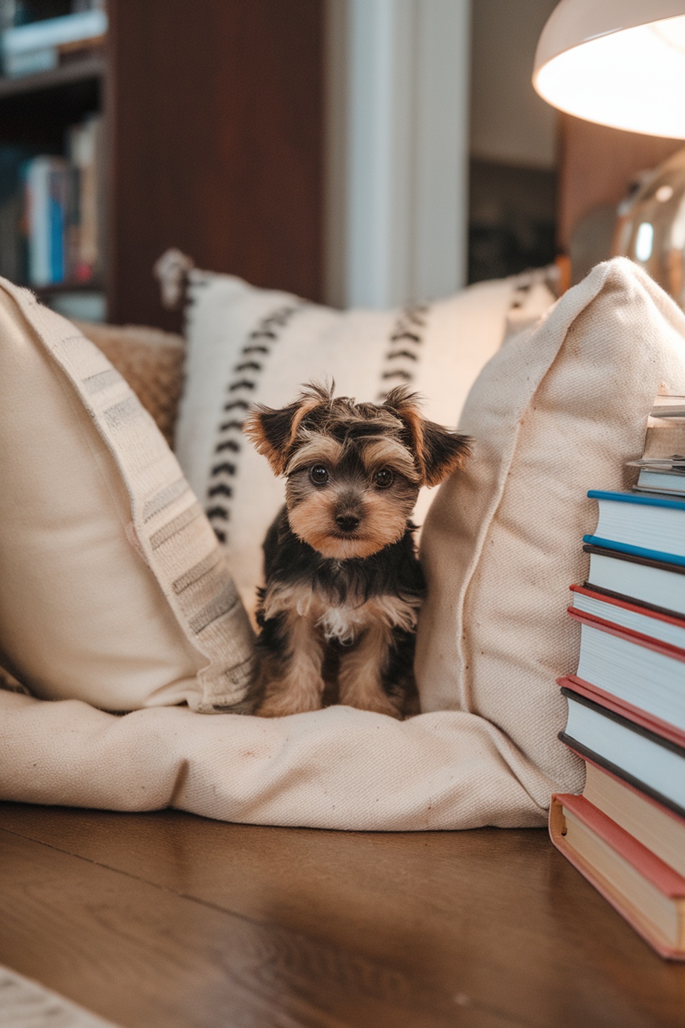 A Yorkie Poo puppy sitting in a cozy reading nook with pillows and books.