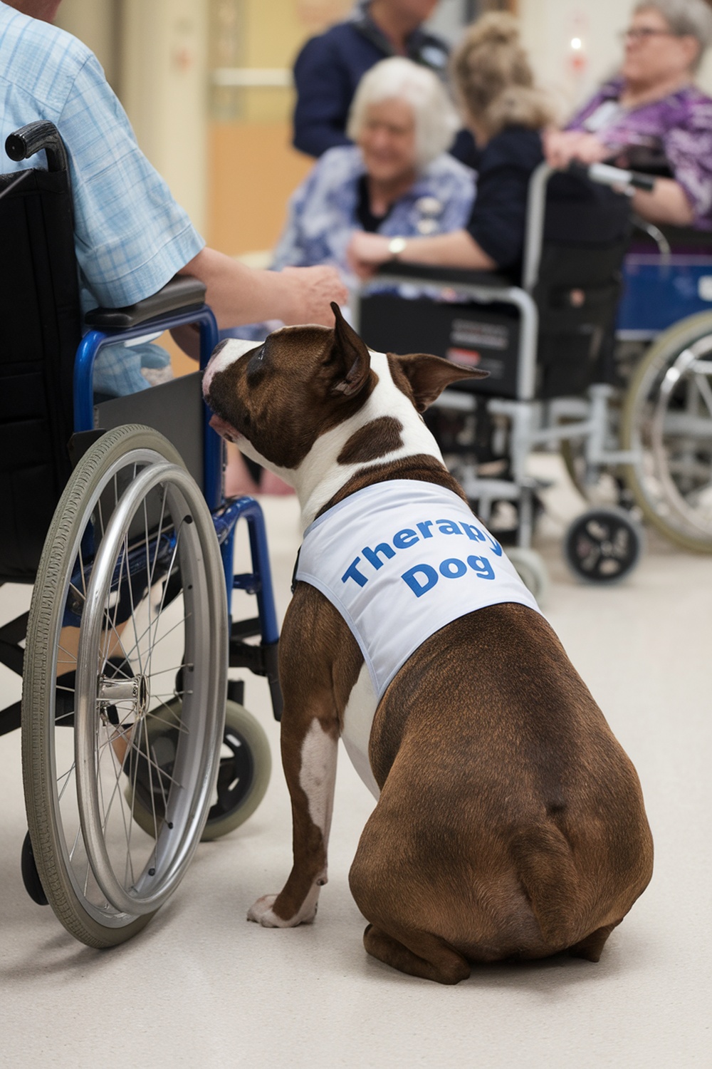 A Staffordshire Bull Terrier wearing a therapy dog vest, sitting next to a person in a wheelchair in a care facility.