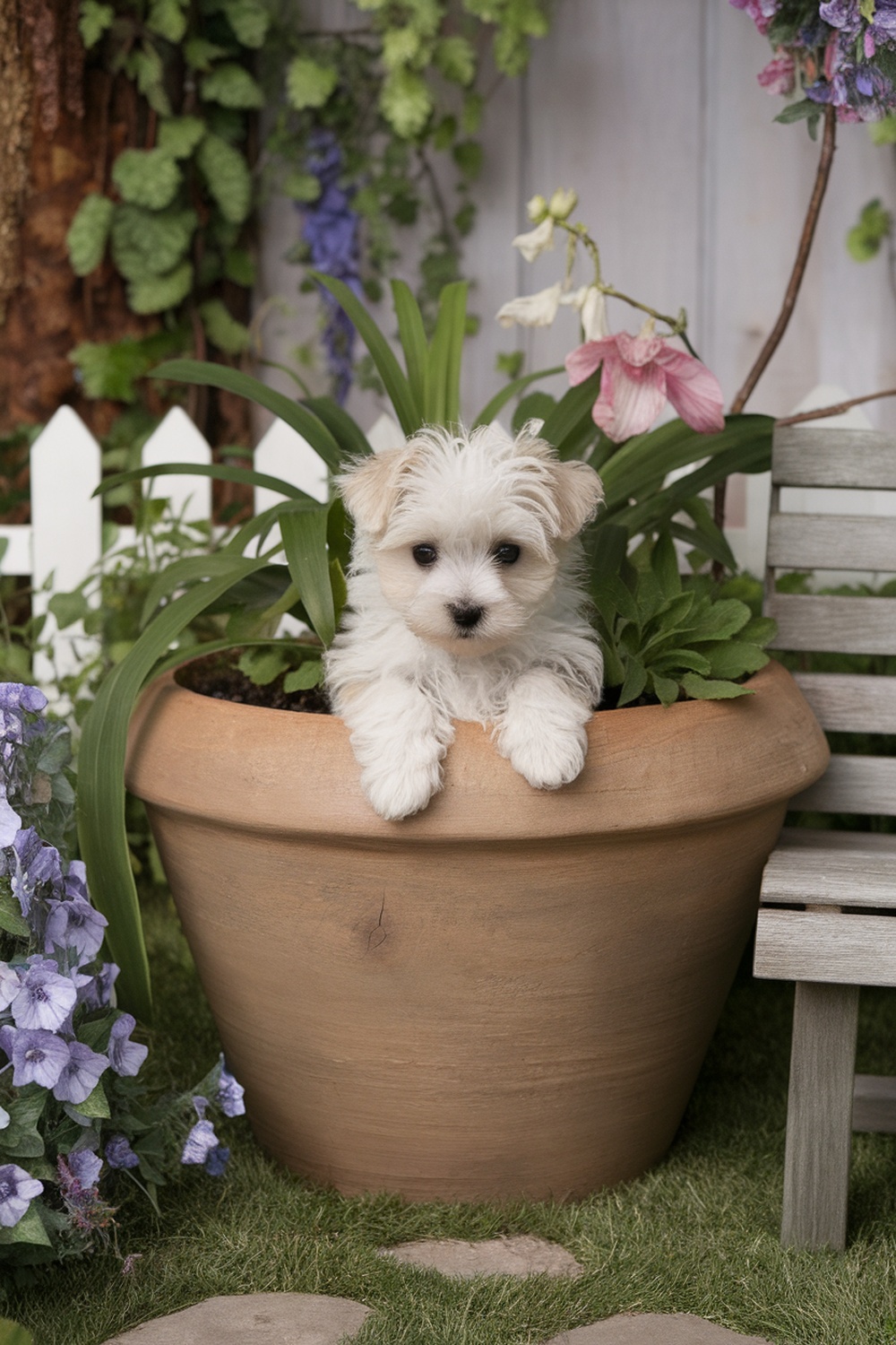 A Westie puppy peeking out from a flower pot surrounded by flowers.