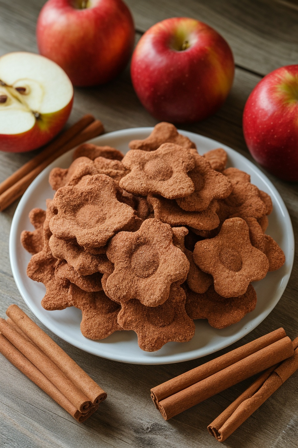 A plate of cinnamon apple chips shaped like flowers, surrounded by red apples and cinnamon sticks.