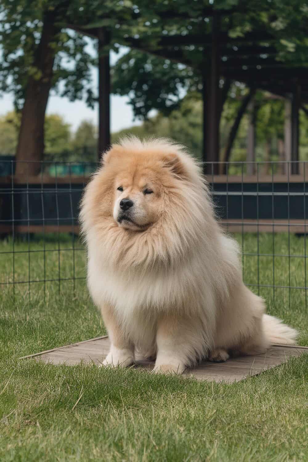 A fluffy Chow Chow sitting on grass, showcasing its distinctive mane and calm demeanor.