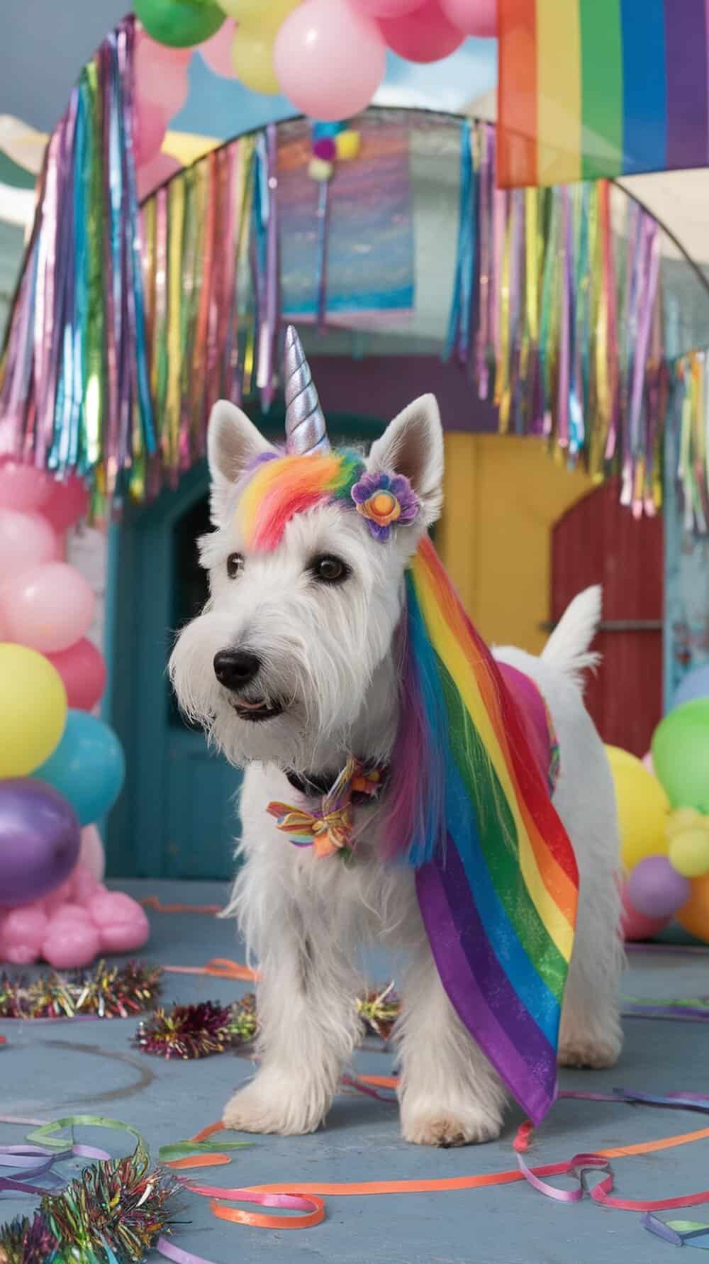 A terrier dog wearing a colorful unicorn costume with a rainbow mane and a sparkly horn.