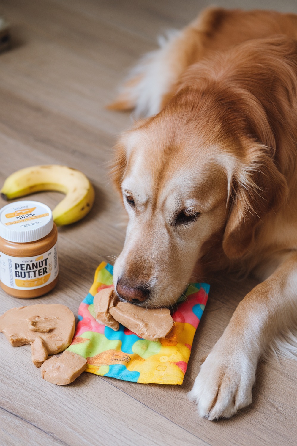 A dog enjoying peanut butter and banana chews with a jar of peanut butter and a banana nearby.
