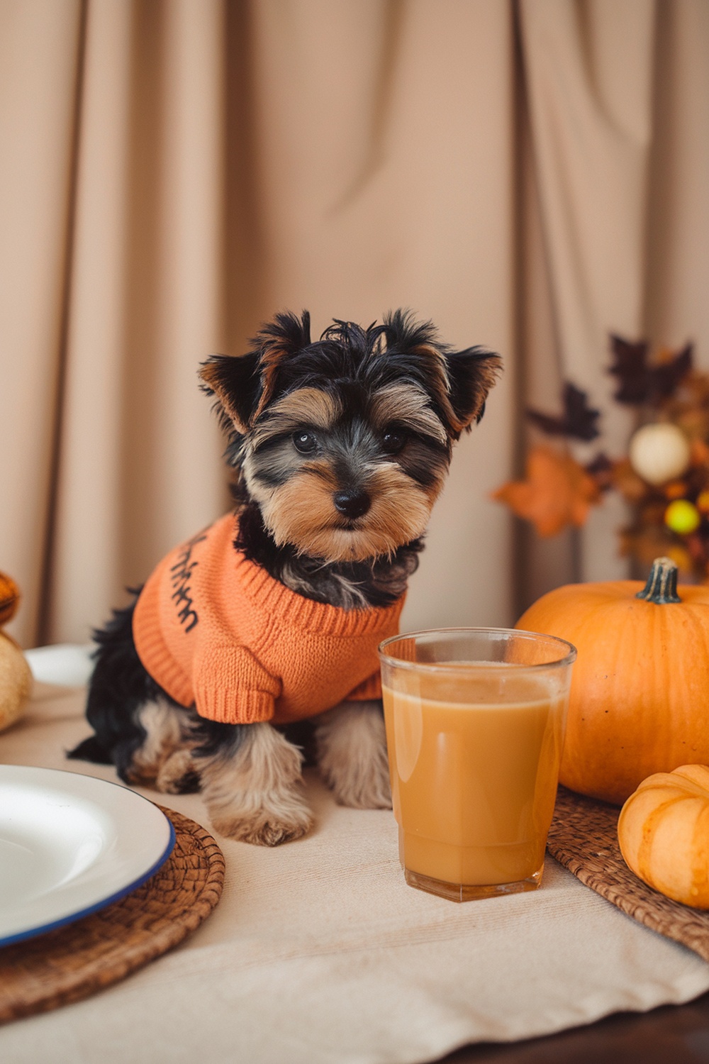 Yorkie Poo puppy in a cozy sweater next to a drink and pumpkins.