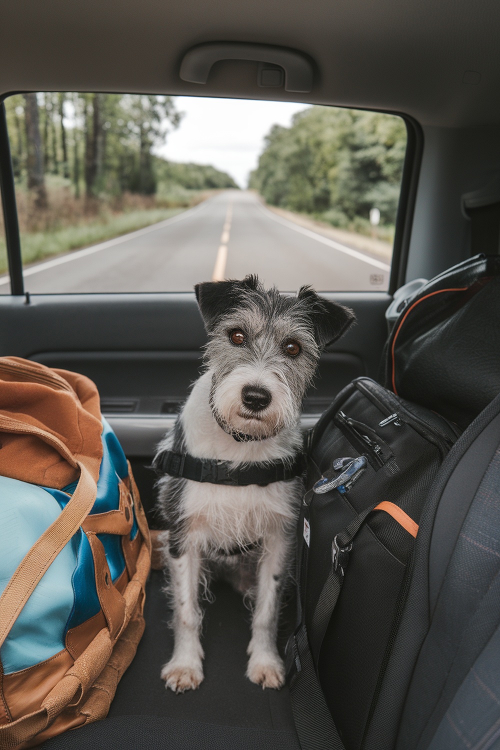 A terrier mix dog sitting in a car with bags around.