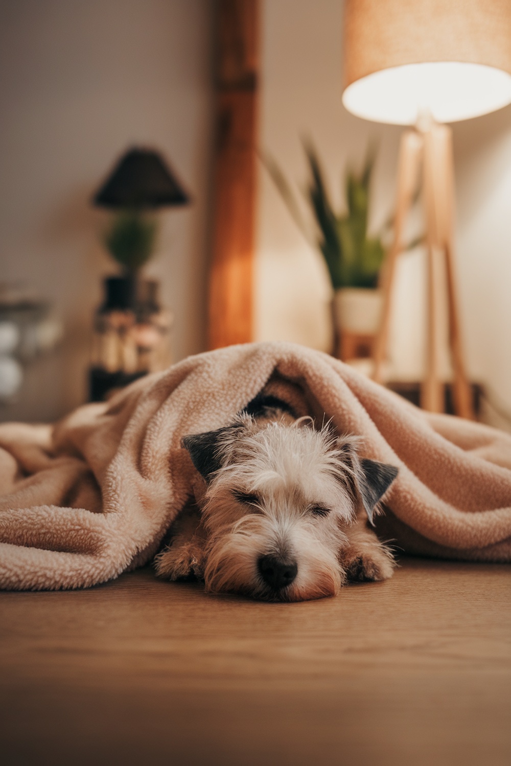 A small Terrier dog sleeping under a soft blanket.