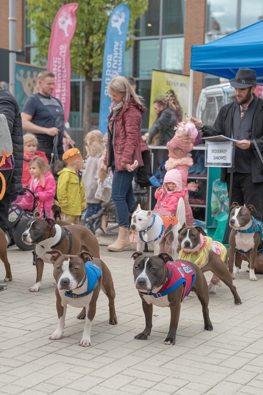 A group of Staffordshire Bull Terriers at a community event with families and children.