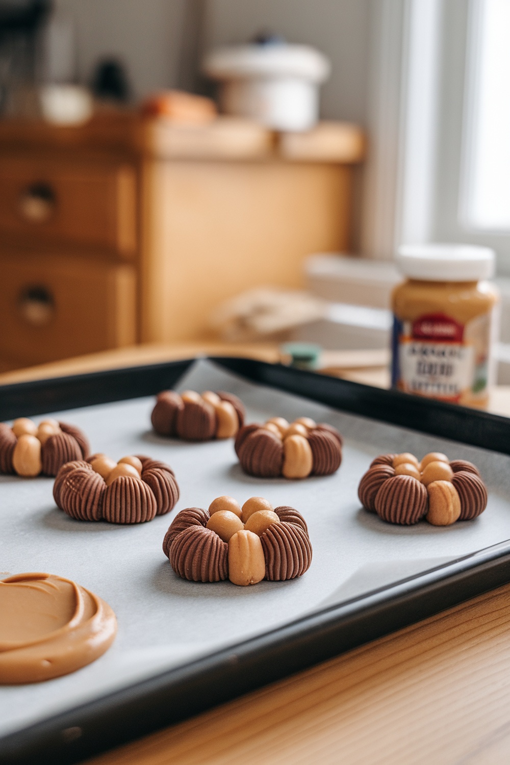 A tray of freshly baked carob and peanut butter cookies shaped like flowers, with a jar of peanut butter in the background.