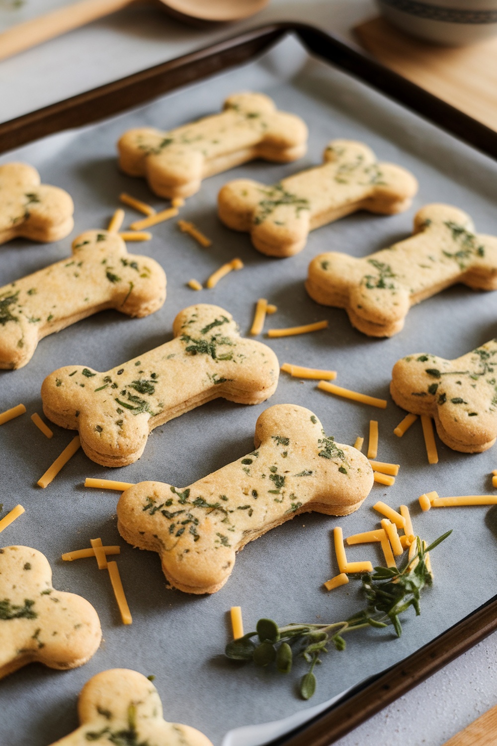 A tray of homemade cheesy herb biscuits shaped like dog bones, sprinkled with herbs and cheese.