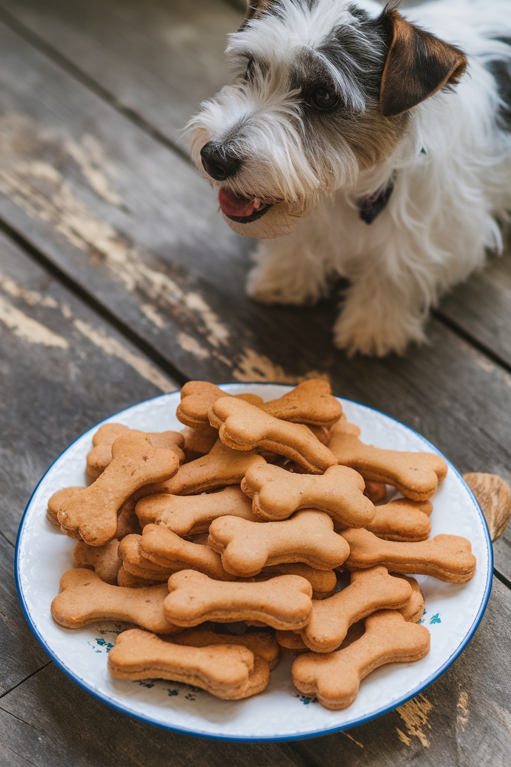 A plate of homemade peanut butter and pumpkin biscuits shaped like dog bones, with a terrier looking on.