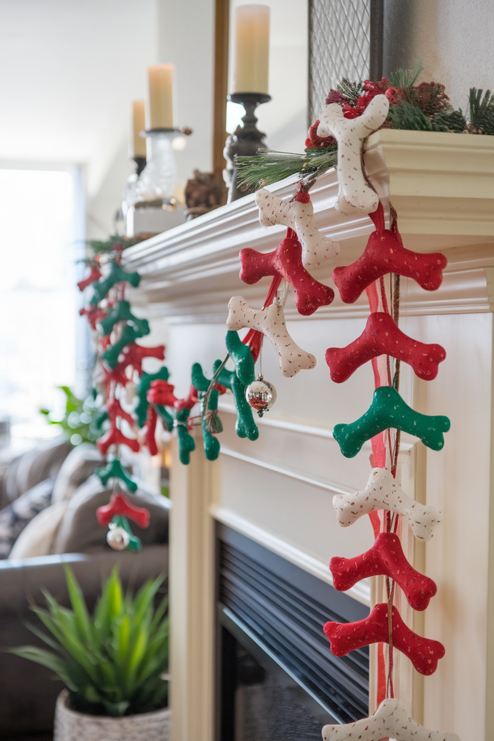 A festive dog bone garland in red, green, and white hanging on a mantel.