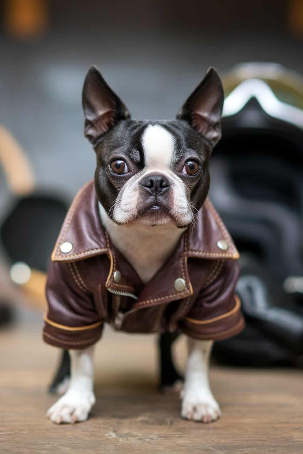 A Boston Terrier wearing a brown leather jacket, striking a tough pose.