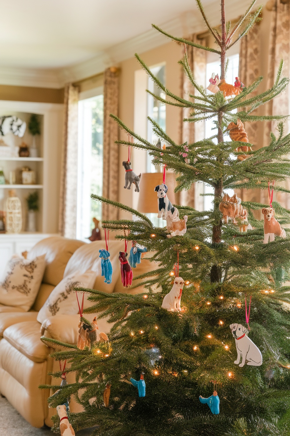 A Christmas tree decorated with various dog-themed ornaments.
