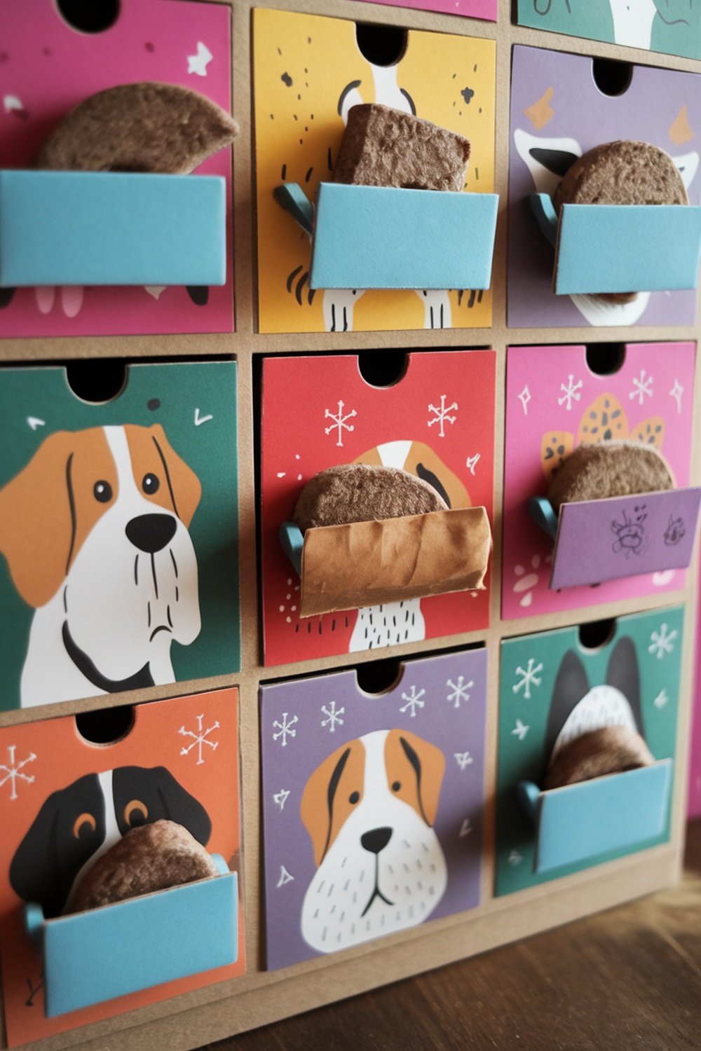 A colorful dog-themed advent calendar with treats visible in each compartment.