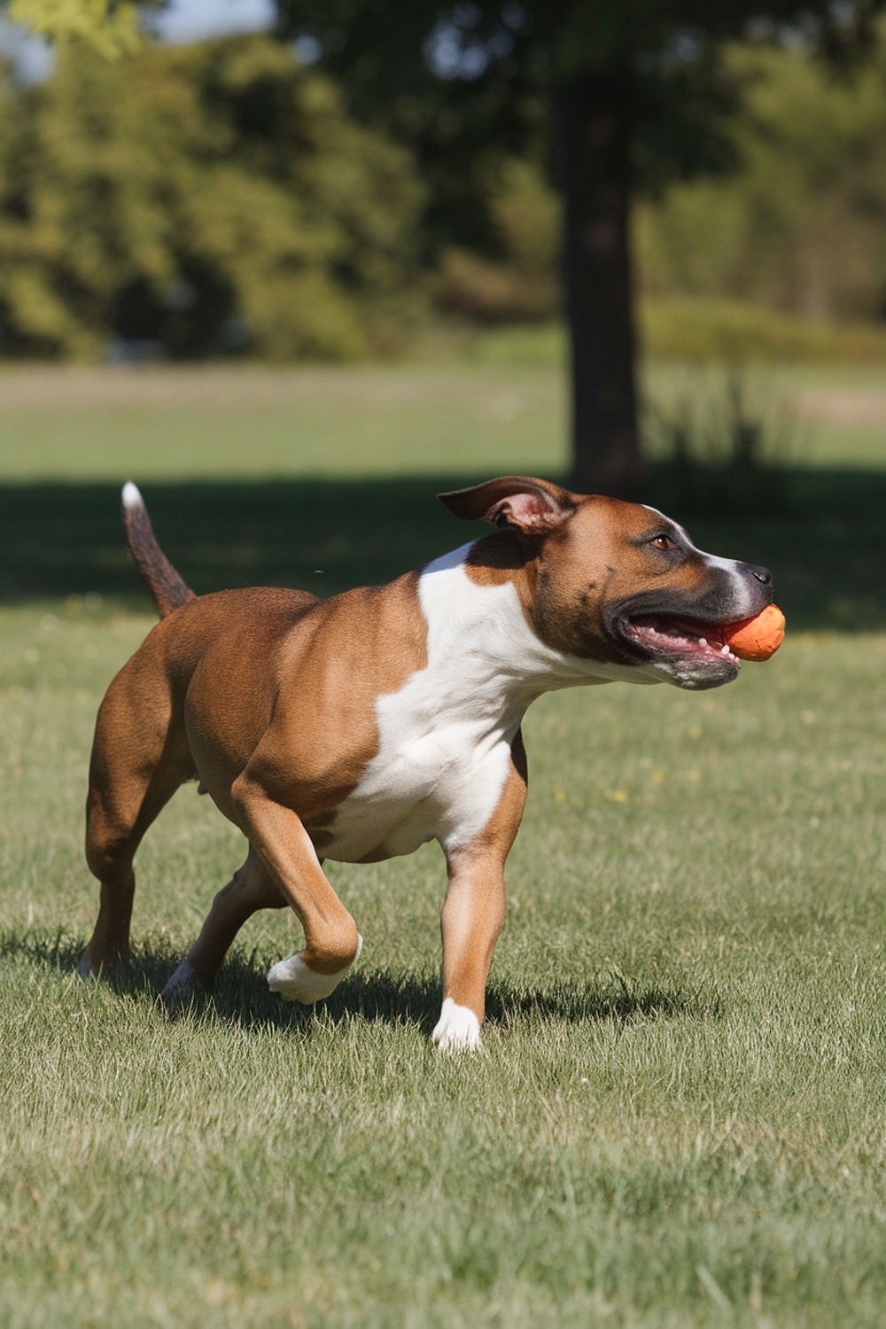 A Staffordshire Bull Terrier running with a ball in a grassy field.