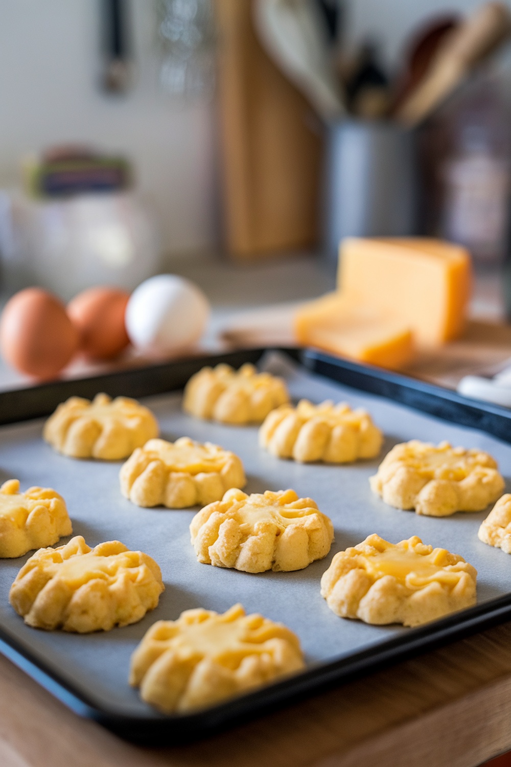 Homemade egg and cheese biscuits on a baking tray.