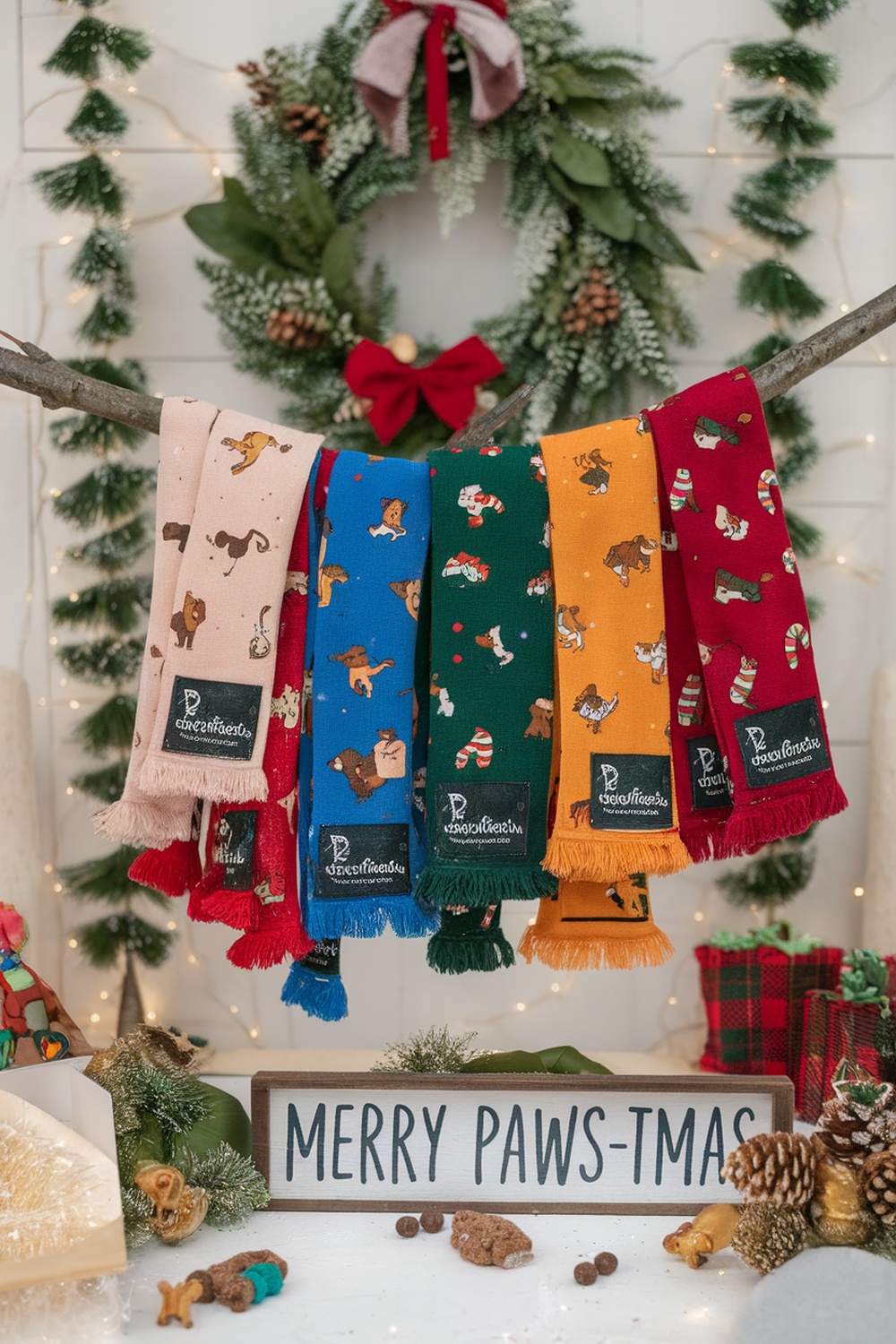 Colorful dog-themed Christmas scarves hanging on a branch with festive decorations.