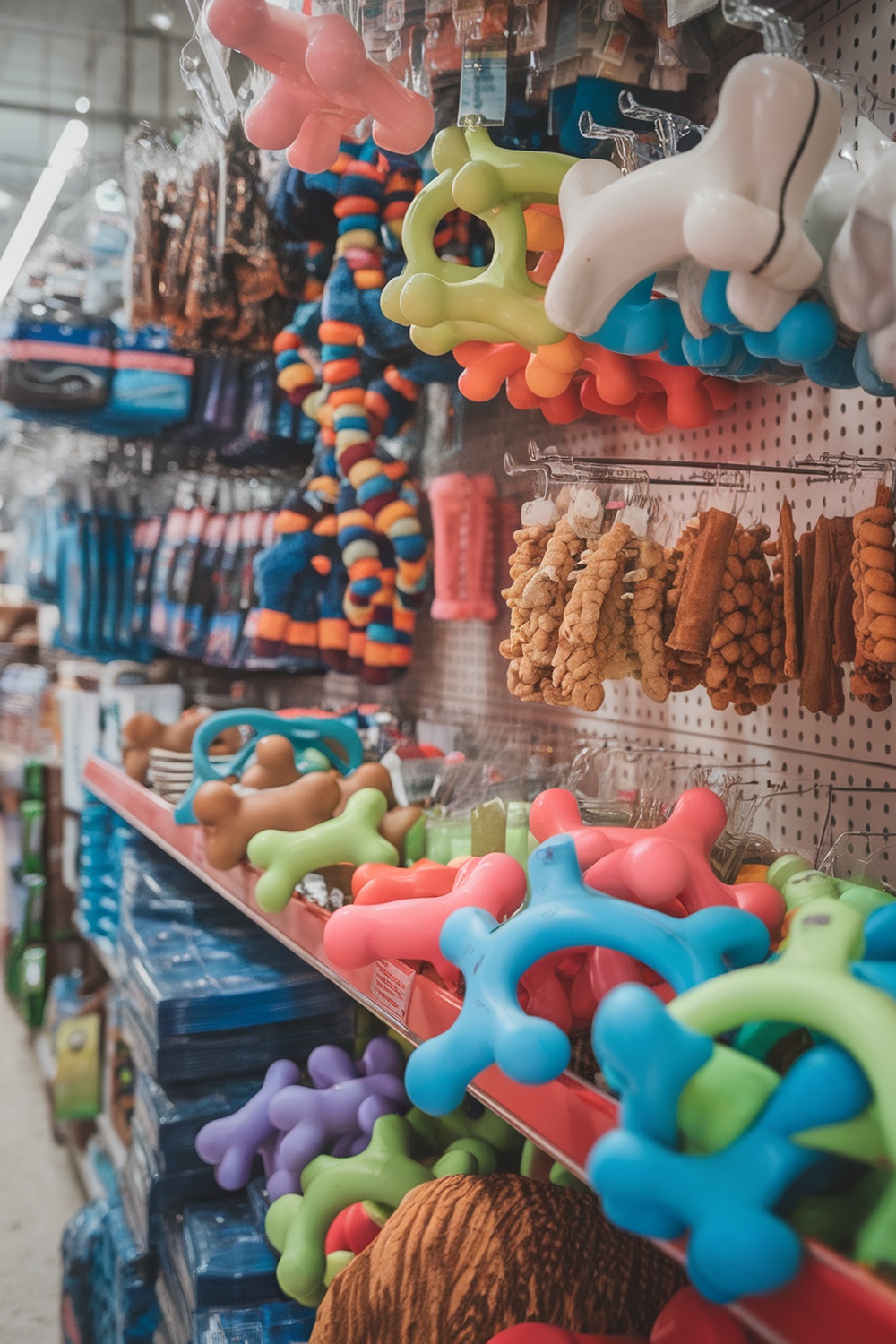 A variety of colorful chew toys for dogs displayed on a shelf.