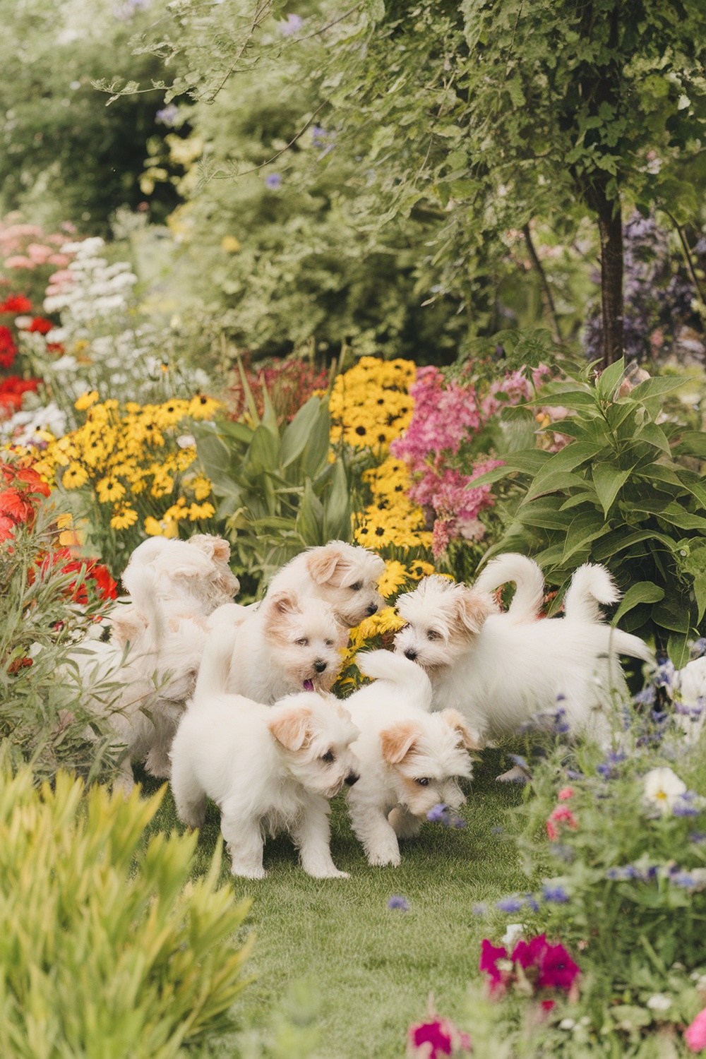 A group of playful Westie puppies exploring a vibrant garden filled with flowers.