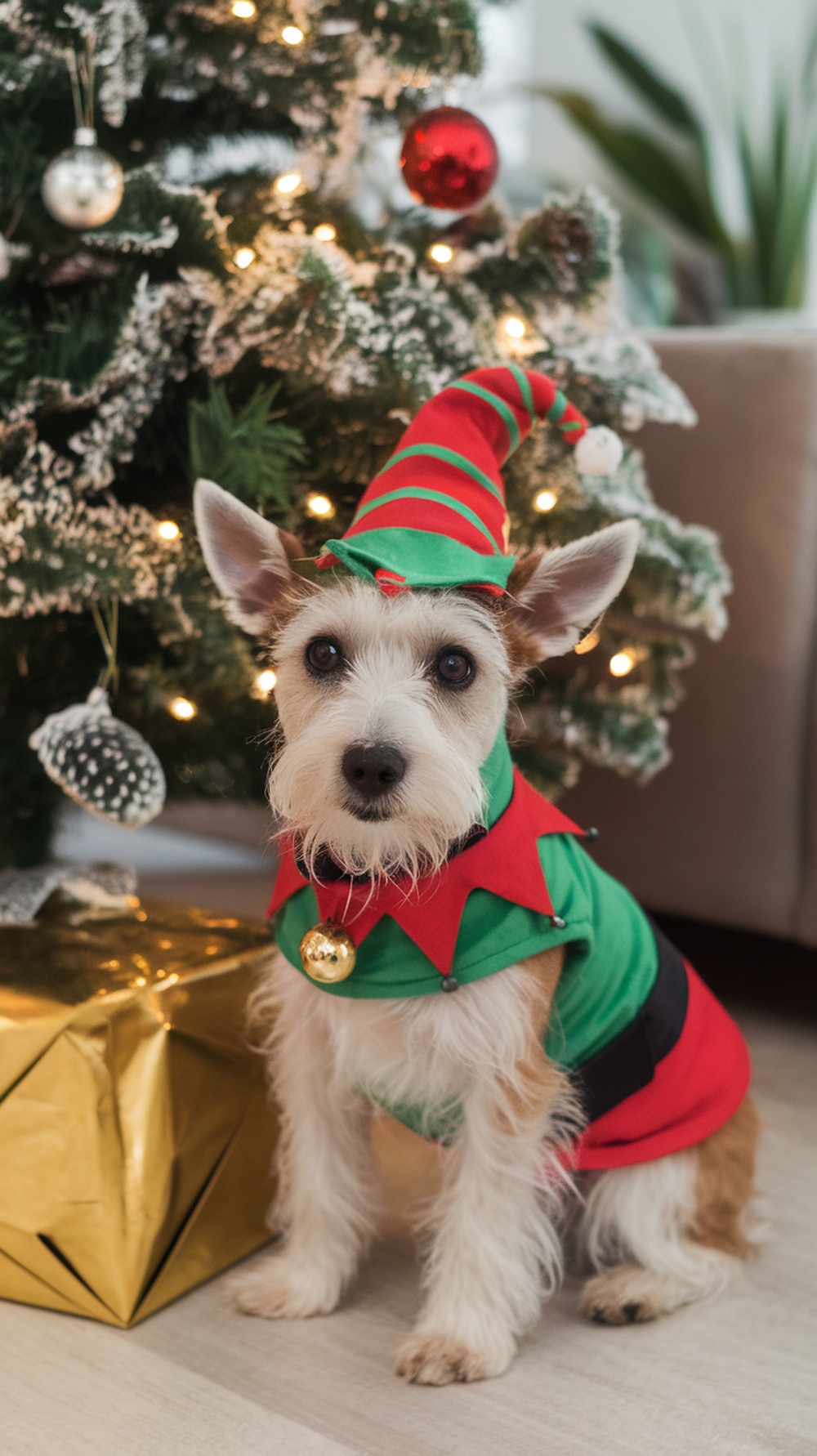 A terrier dog wearing a Christmas elf outfit, sitting in front of a decorated Christmas tree.