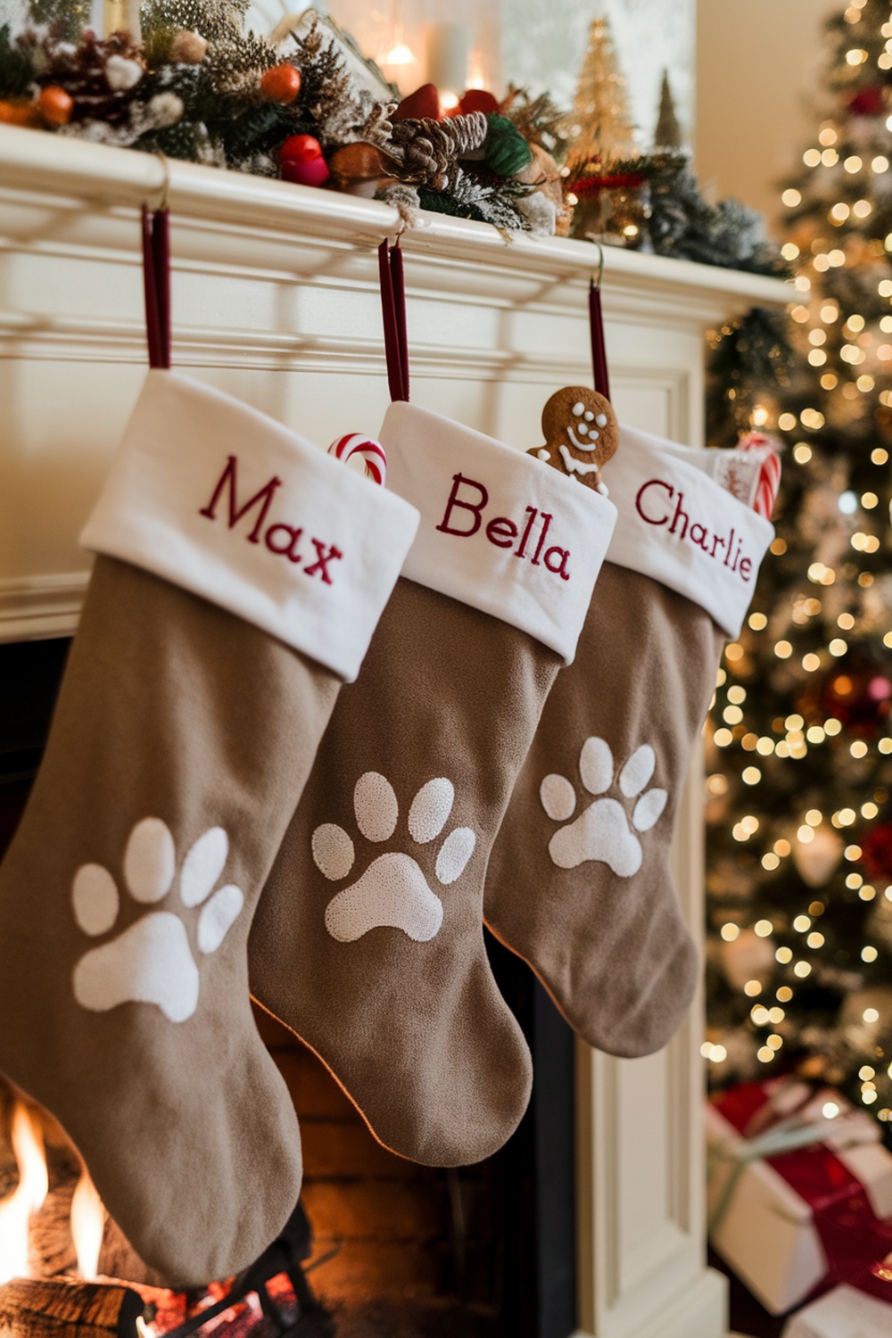 Three personalized dog stockings with paw prints hanging by a fireplace.