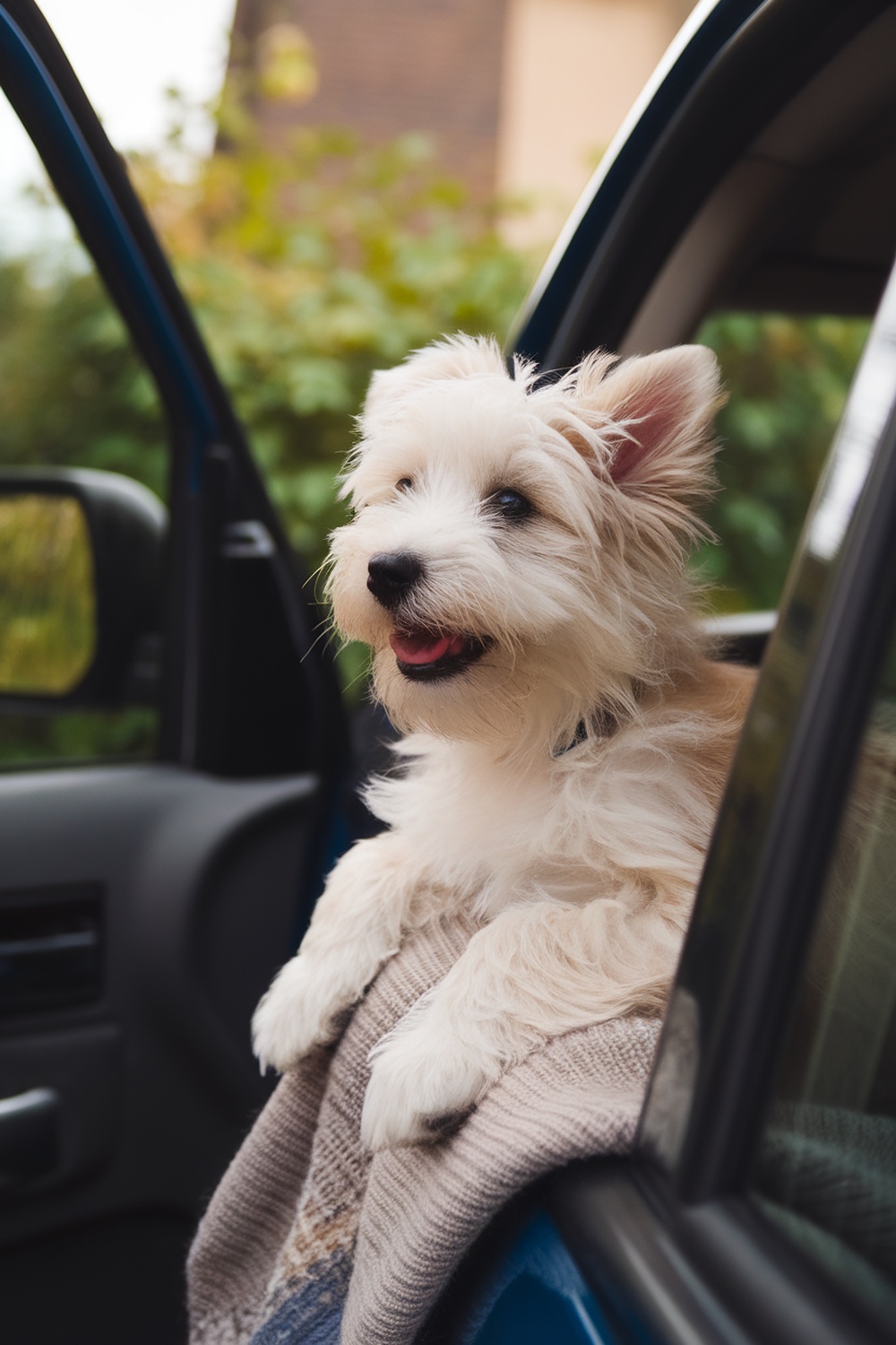 A Westie puppy with fluffy fur looking out of a car window, smiling.
