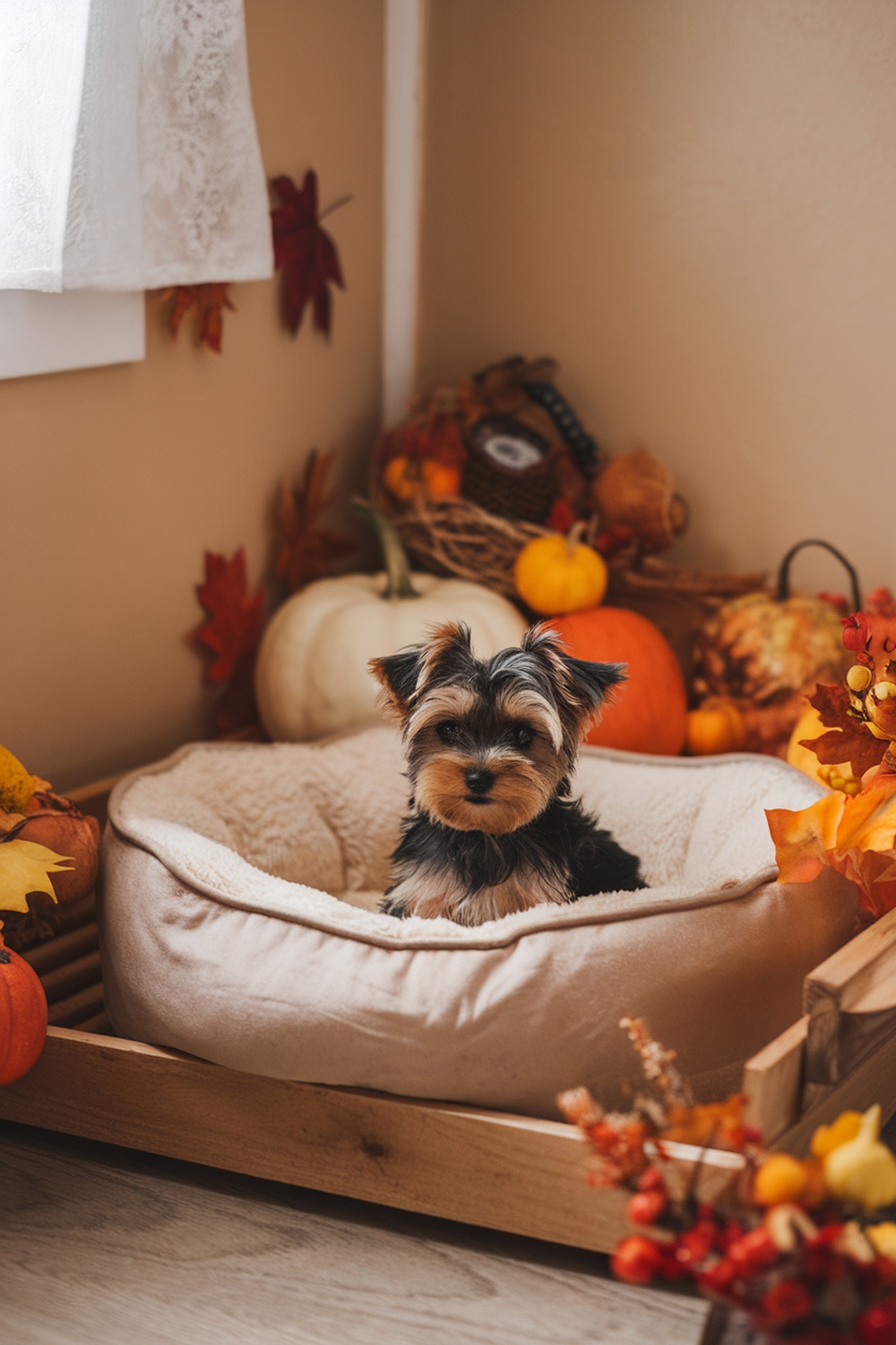 Yorkie Poo puppy resting in a cozy bed surrounded by autumn decorations