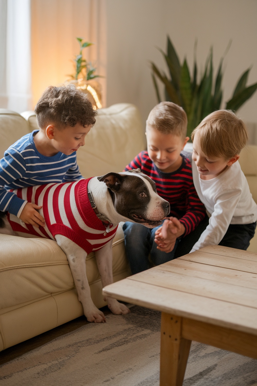 A Staffordshire Bull Terrier sitting with three children, showcasing a friendly family interaction.