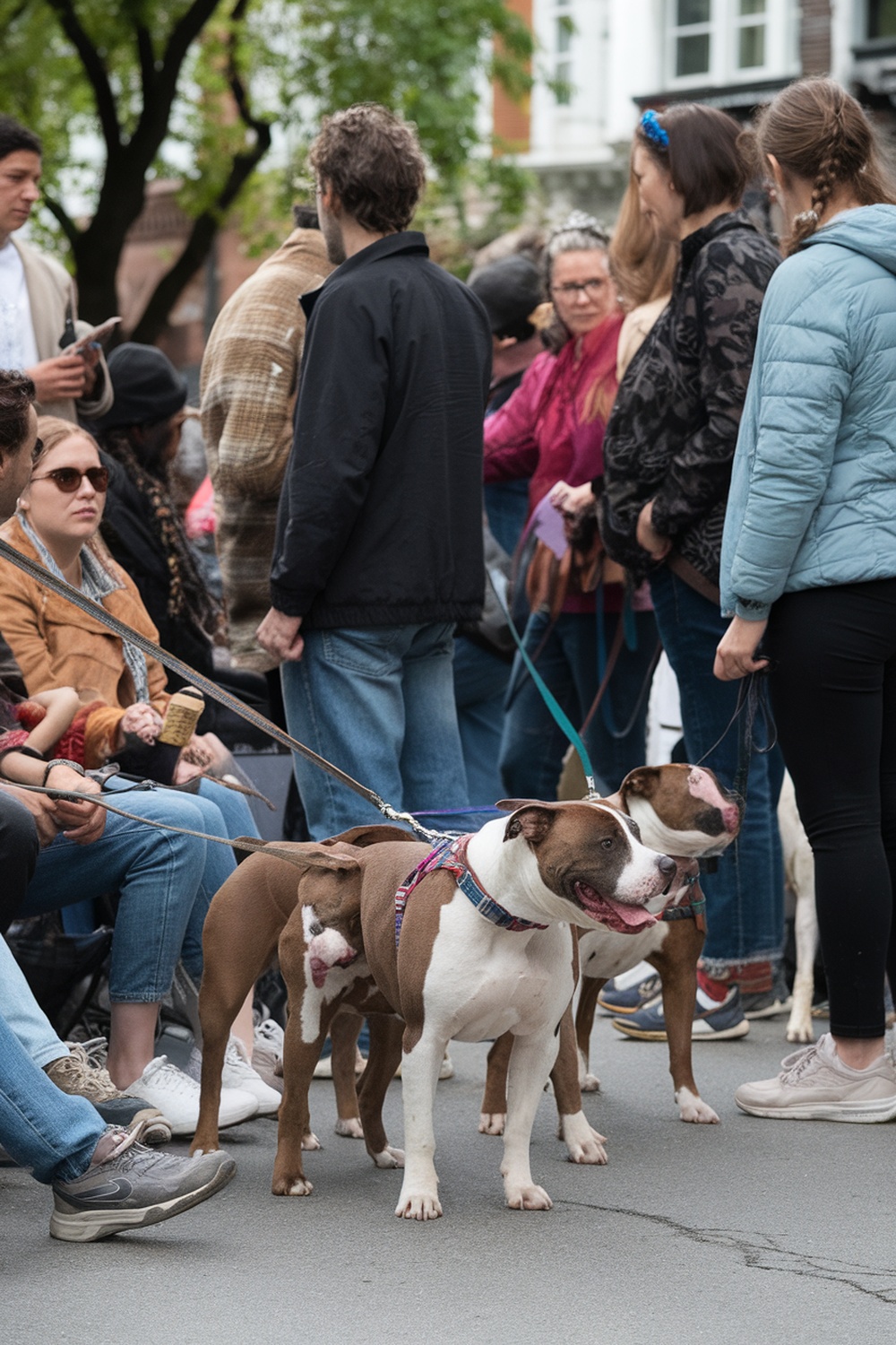 A group of people gathered with their pitbulls at a community event.