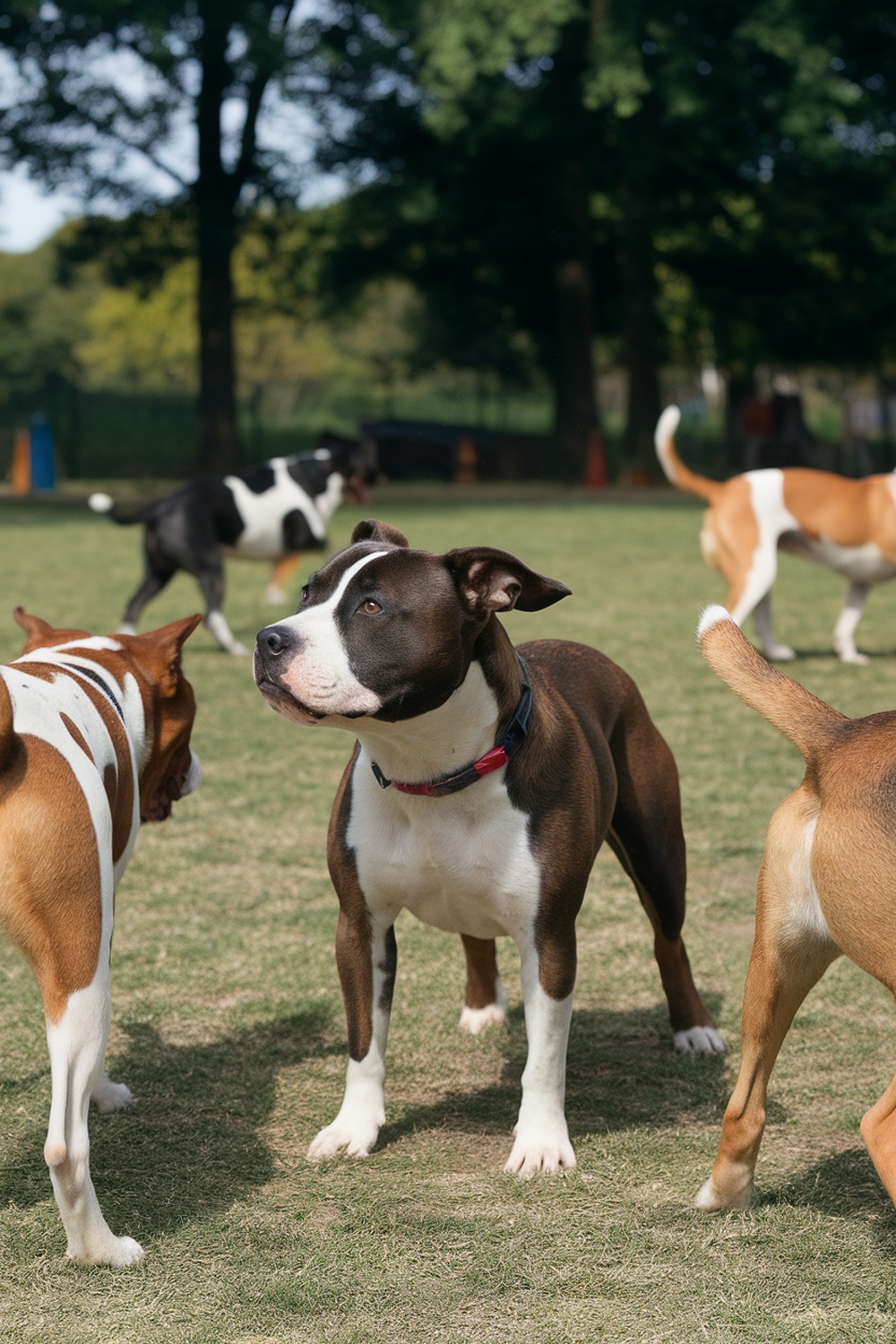 A group of Staffordshire Bull Terriers playing in a park.