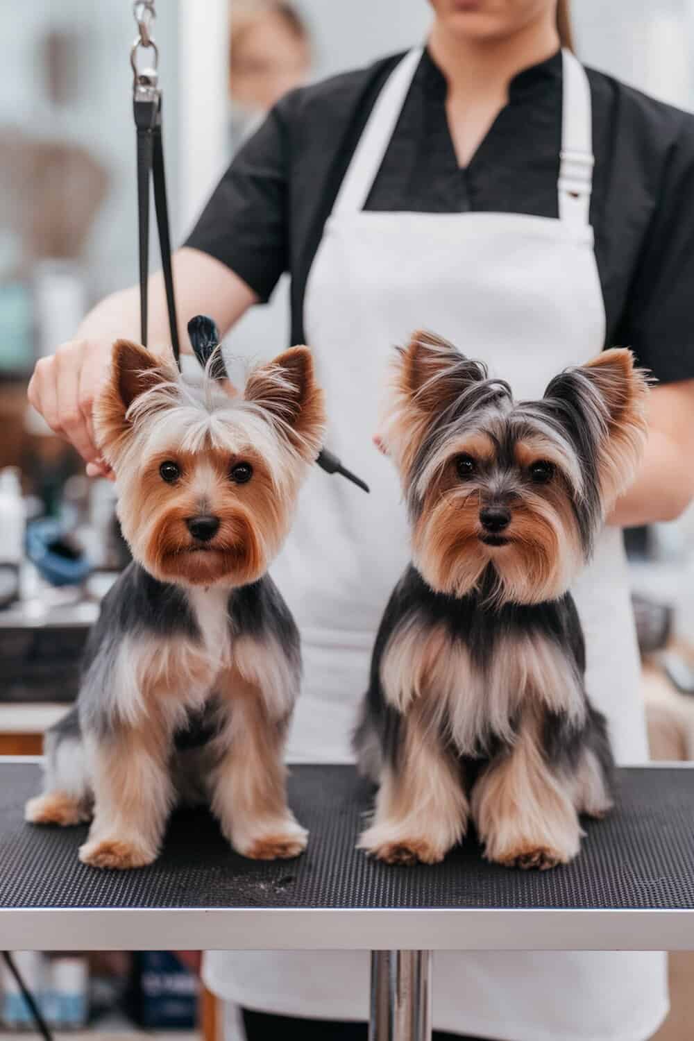 Two Yorkies on a grooming table, showcasing different grooming styles.