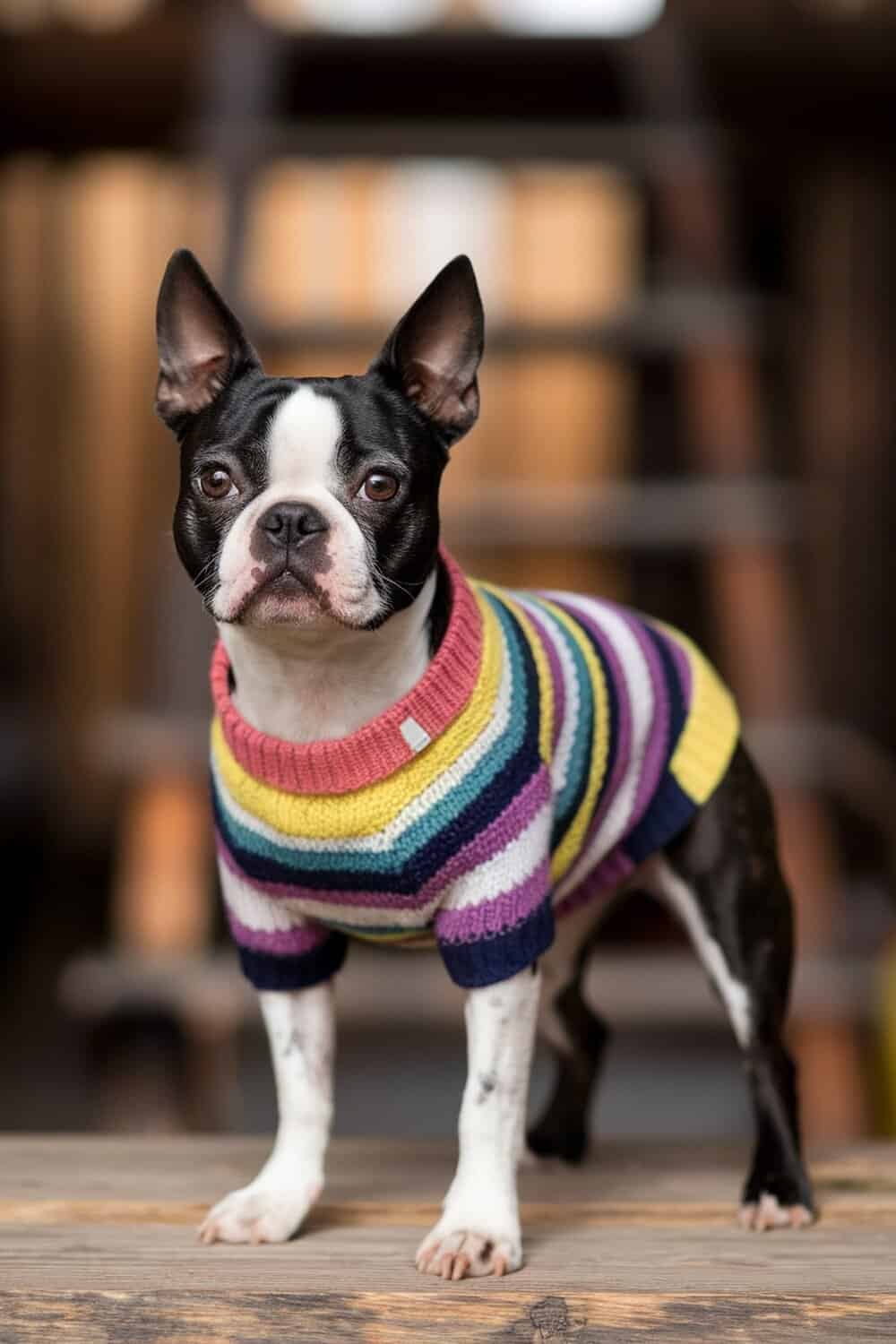 A Boston Terrier wearing a colorful striped sweater, standing proudly.