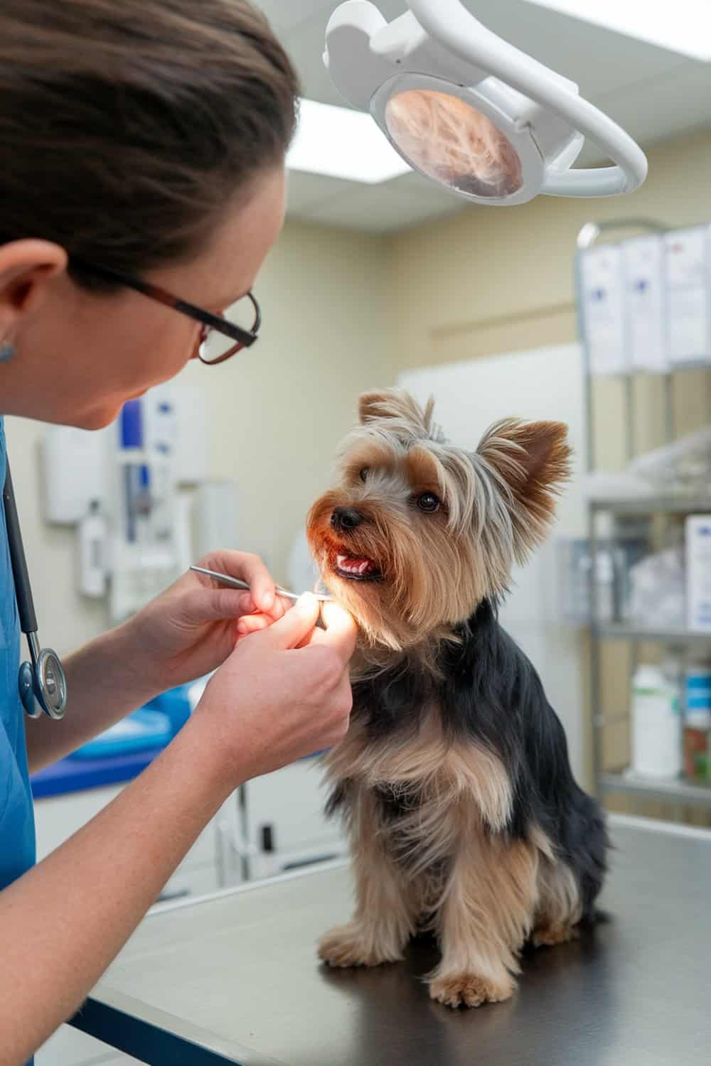 A male Yorkie being examined by a veterinarian.