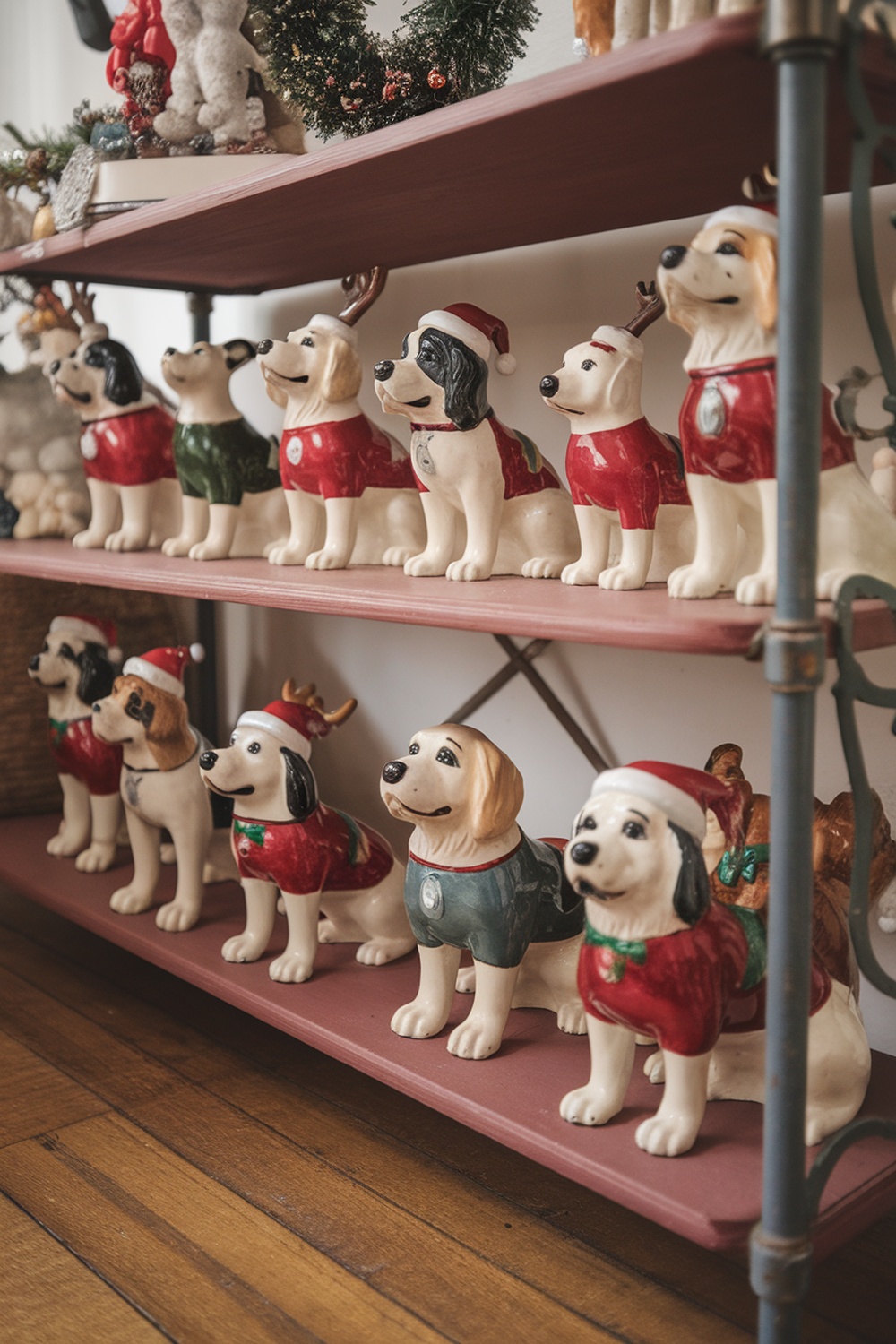 A collection of dog figurines dressed in Christmas outfits on a shelf.